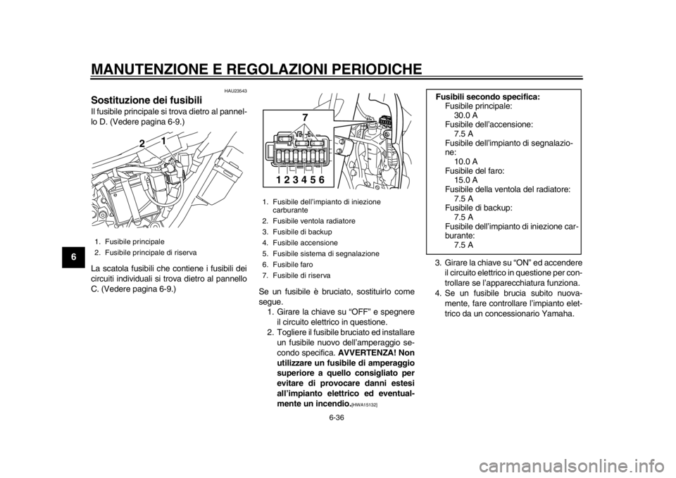 YAMAHA WR 250X 2014 Manuale duso (in Italian) MANUTENZIONE E REGOLAZIONI PERIODICHE
6-36
1
2
3
4
56
7
8
9
HAU23543
Sostituzione dei fusibiliIl fusibile principale si trova dietro al pannel-
lo D. (Vedere pagina 6-9.)
La scatola fusibili che conti YAMAHA WR 250X 2014 Manuale duso (in Italian) MANUTENZIONE E REGOLAZIONI PERIODICHE
6-36
1
2
3
4
56
7
8
9
HAU23543
Sostituzione dei fusibiliIl fusibile principale si trova dietro al pannel-
lo D. (Vedere pagina 6-9.)
La scatola fusibili che conti