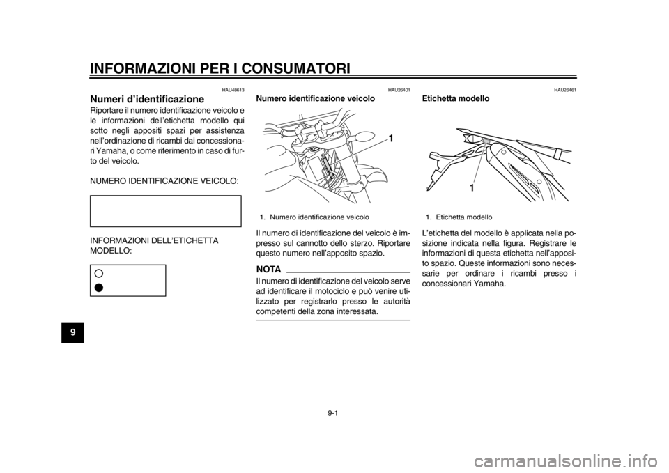YAMAHA WR 250X 2014 Manuale duso (in Italian) 9-1
1
2
3
4
5
6
7
89
INFORMAZIONI PER I CONSUMATORI
HAU48613
Numeri d’identificazioneRiportare il numero identificazione veicolo e
le informazioni dell’etichetta modello qui
sotto negli appositi s YAMAHA WR 250X 2014 Manuale duso (in Italian) 9-1
1
2
3
4
5
6
7
89
INFORMAZIONI PER I CONSUMATORI
HAU48613
Numeri d’identificazioneRiportare il numero identificazione veicolo e
le informazioni dell’etichetta modello qui
sotto negli appositi s