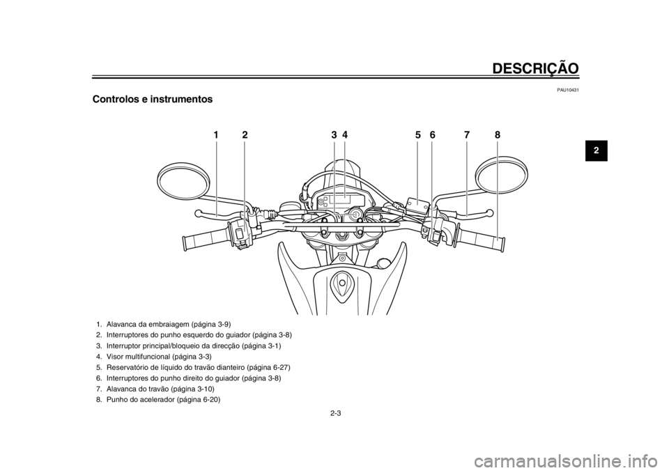 YAMAHA WR 250X 2014  Manual de utilização (in Portuguese) DESCRIÇÃO
2-3
23
4
5
6
7
8
9
PAU10431
Controlos e instrumentos
12346 7
5
8
1. Alavanca da embraiagem (página 3-9)
2. Interruptores do punho esquerdo do guiador (página 3-8)
3. Interruptor principa
