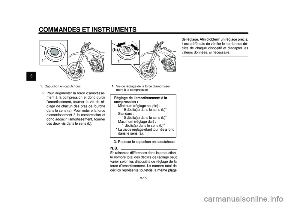 YAMAHA WR 250X 2012  Notices Demploi (in French) COMMANDES ET INSTRUMENTS
3-15
1
23
4
5
6
7
8
9
2. Pour augmenter la force d’amortisse-ment à la compression et donc durcir
l’amortissement, tourner la vis de ré-
glage de chacun des bras de four