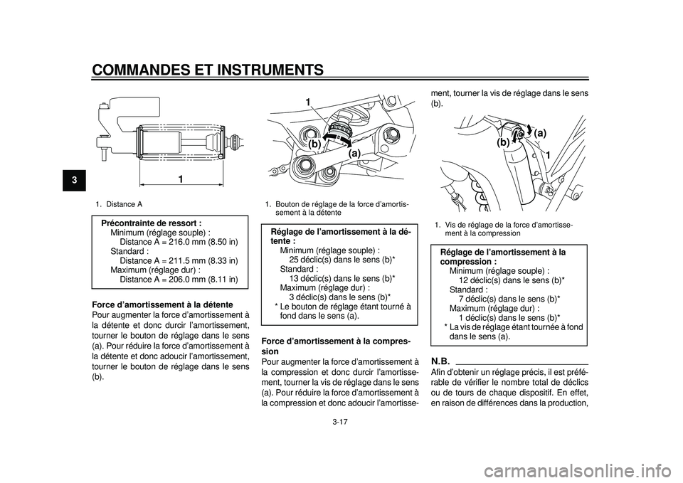 YAMAHA WR 250X 2012  Notices Demploi (in French) COMMANDES ET INSTRUMENTS
3-17
1
23
4
5
6
7
8
9
Force d’amortissement à la détente
Pour augmenter la force d’amortissement à
la détente et donc durcir l’amortissement,
tourner le bouton de r