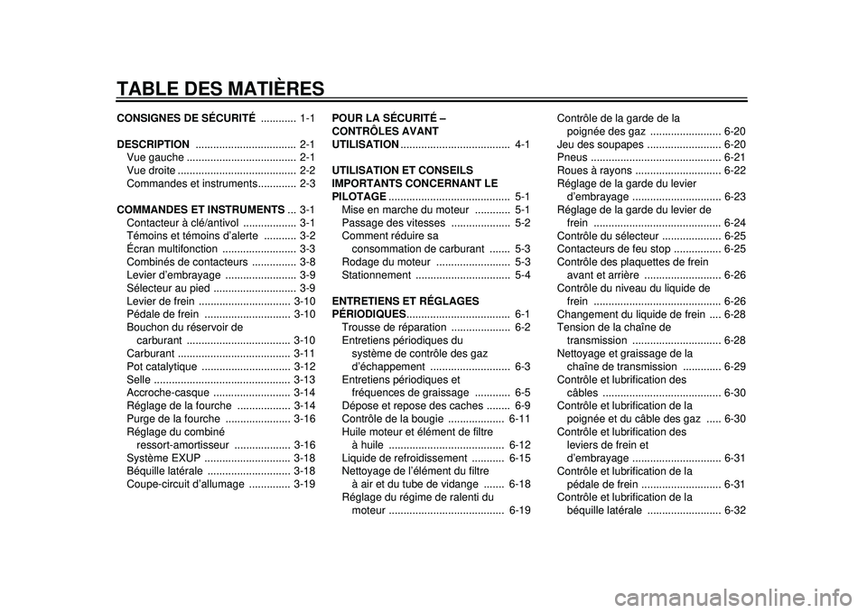 YAMAHA WR 250X 2012  Notices Demploi (in French) TABLE DES MATIÈRESCONSIGNES DE SÉCURITÉ ............  1-1
DESCRIPTION  ..................................  2-1
Vue gauche .....................................  2-1
Vue droite .....................