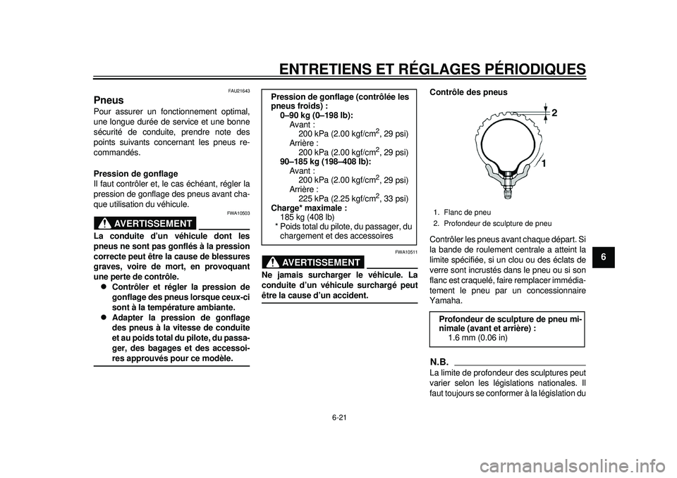 YAMAHA WR 250X 2012 Notices Demploi (in French) ENTRETIENS ET RÉGLAGES PÉRIODIQUES
6-21
2
3
4
567
8
9
FAU21643
Pneus Pour assurer un fonctionnement optimal,
une longue durée de service et une bonne
sécurité de conduite, prendre note des
points YAMAHA WR 250X 2012 Notices Demploi (in French) ENTRETIENS ET RÉGLAGES PÉRIODIQUES
6-21
2
3
4
567
8
9
FAU21643
Pneus Pour assurer un fonctionnement optimal,
une longue durée de service et une bonne
sécurité de conduite, prendre note des
points