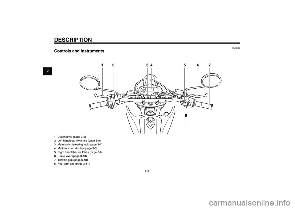 YAMAHA WR 250X 2010 User Guide DESCRIPTION
2-3
2
EAU10430
Controls and instruments
12 34 5 6
8
7
1. Clutch lever (page 3-9)
2. Left handlebar switches (page 3-8)
3. Main switch/steering lock (page 3-1)
4. Multi-function display (pa