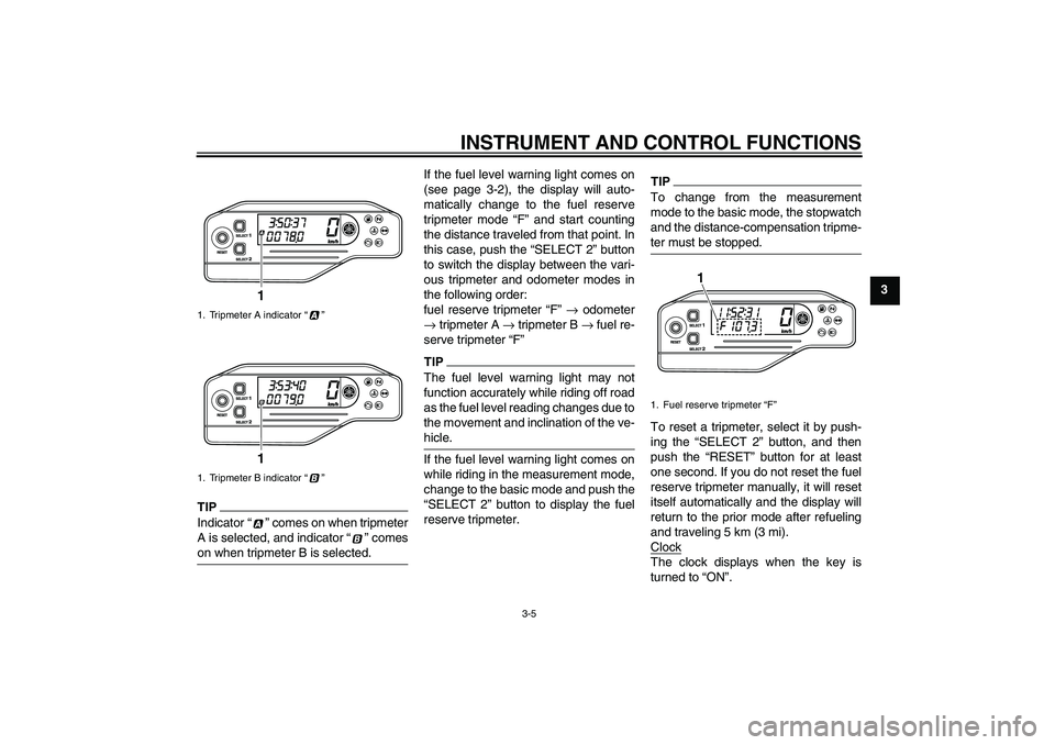 YAMAHA WR 250X 2010 User Guide INSTRUMENT AND CONTROL FUNCTIONS
3-5
3
TIPIndicator“” comes on when tripmeter
A is selected, and indicator“” comes
on when tripmeter B is selected.
If the fuel level warning light comes on
(se