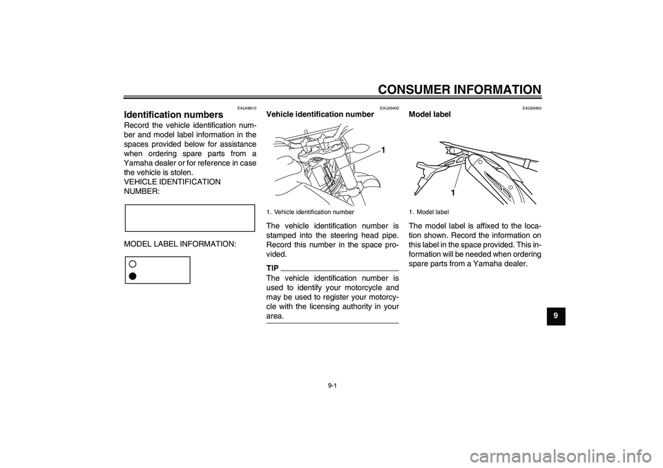 YAMAHA WR 250X 2010 Owners Manual CONSUMER INFORMATION
9-1
9
EAU48610
Identification numbers Record the vehicle identification num-
ber and model label information in the
spaces provided below for assistance
when ordering spare parts YAMAHA WR 250X 2010 Owners Manual CONSUMER INFORMATION
9-1
9
EAU48610
Identification numbers Record the vehicle identification num-
ber and model label information in the
spaces provided below for assistance
when ordering spare parts