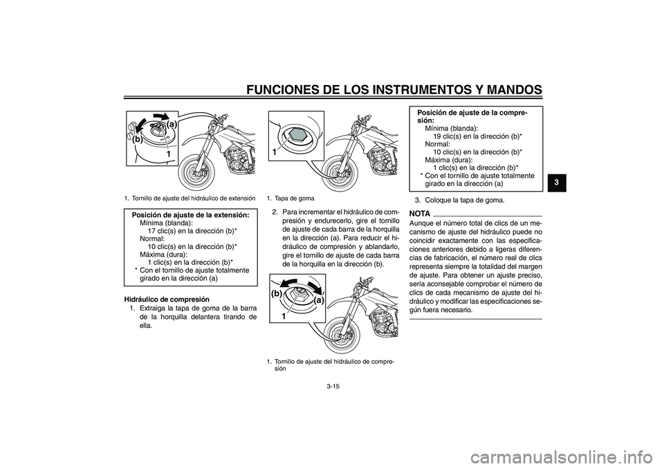 YAMAHA WR 250X 2010  Manuale de Empleo (in Spanish) FUNCIONES DE LOS INSTRUMENTOS Y MANDOS
3-15
3
Hidráulico de compresión
1. Extraiga la tapa de goma de la barra
de la horquilla delantera tirando de
ella.2. Para incrementar el hidráulico de com-
pr