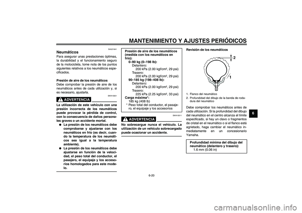 YAMAHA WR 250X 2010 Manuale de Empleo (in Spanish) MANTENIMIENTO Y AJUSTES PERIÓDICOS
6-20
6
SAU21641
Neumáticos Para asegurar unas prestaciones óptimas,
la durabilidad y el funcionamiento seguro
de la motocicleta, tome nota de los puntos
siguiente YAMAHA WR 250X 2010 Manuale de Empleo (in Spanish) MANTENIMIENTO Y AJUSTES PERIÓDICOS
6-20
6
SAU21641
Neumáticos Para asegurar unas prestaciones óptimas,
la durabilidad y el funcionamiento seguro
de la motocicleta, tome nota de los puntos
siguiente