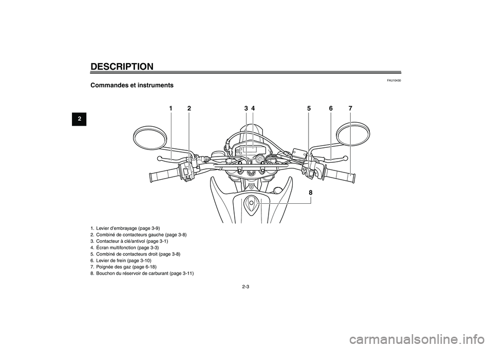 YAMAHA WR 250X 2010  Notices Demploi (in French) DESCRIPTION
2-3
2
FAU10430
Commandes et instruments
12 34 5 6
8
7
1. Levier d’embrayage (page 3-9)
2. Combiné de contacteurs gauche (page 3-8)
3. Contacteur à clé/antivol (page 3-1)
4.Écran mult