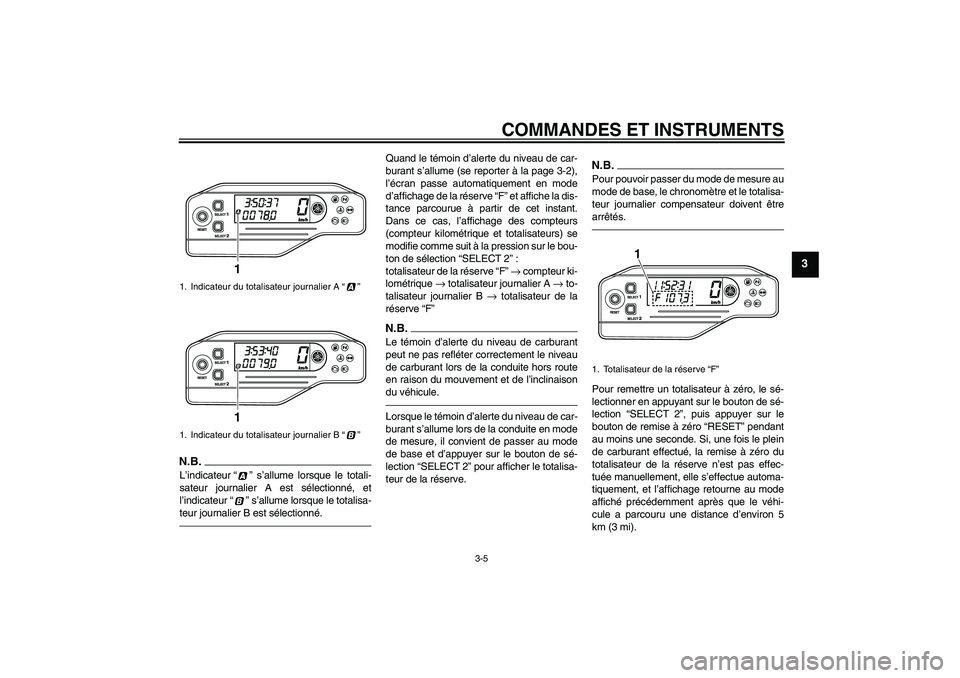YAMAHA WR 250X 2010  Notices Demploi (in French) COMMANDES ET INSTRUMENTS
3-5
3
N.B.L’indicateur“” s’allume lorsque le totali-
sateur journalier A est sélectionné, et
l’indicateur“” s’allume lorsque le totalisa-
teur journalier B e