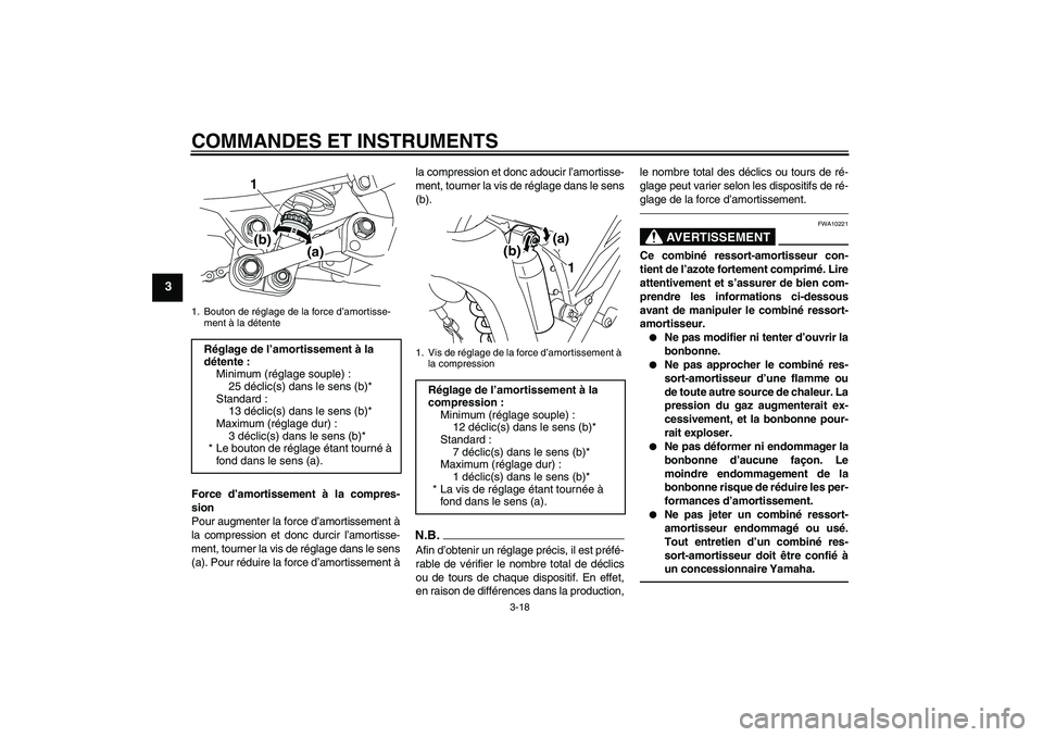 YAMAHA WR 250X 2010 Notices Demploi (in French) COMMANDES ET INSTRUMENTS
3-18
3
Force d’amortissement à la compres-
sion
Pour augmenter la force d’amortissement à
la compression et donc durcir l’amortisse-
ment, tourner la vis de réglage d YAMAHA WR 250X 2010 Notices Demploi (in French) COMMANDES ET INSTRUMENTS
3-18
3
Force d’amortissement à la compres-
sion
Pour augmenter la force d’amortissement à
la compression et donc durcir l’amortisse-
ment, tourner la vis de réglage d