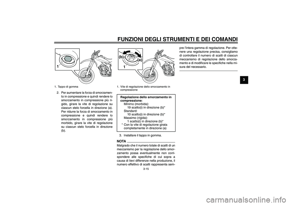 YAMAHA WR 250X 2010 Manuale duso (in Italian) FUNZIONI DEGLI STRUMENTI E DEI COMANDI
3-15
3
2. Per aumentare la forza di smorzamen-
to in compressione e quindi rendere lo
smorzamento in compressione più ri-
gido, girare la vite di regolazione su YAMAHA WR 250X 2010 Manuale duso (in Italian) FUNZIONI DEGLI STRUMENTI E DEI COMANDI
3-15
3
2. Per aumentare la forza di smorzamen-
to in compressione e quindi rendere lo
smorzamento in compressione più ri-
gido, girare la vite di regolazione su