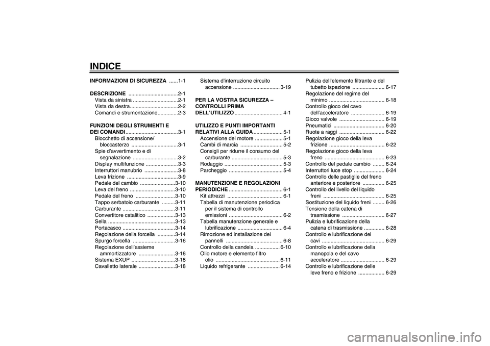 YAMAHA WR 250X 2010  Manuale duso (in Italian) INDICEINFORMAZIONI DI SICUREZZA ......1-1
DESCRIZIONE ..................................2-1
Vista da sinistra ...............................2-1
Vista da destra.................................2-2
Com