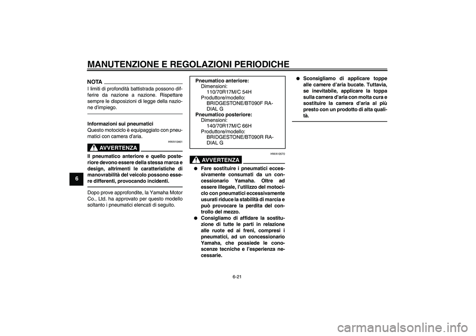 YAMAHA WR 250X 2010  Manuale duso (in Italian) MANUTENZIONE E REGOLAZIONI PERIODICHE
6-21
6
NOTAI limiti di profondità battistrada possono dif-
ferire da nazione a nazione. Rispettare
sempre le disposizioni di legge della nazio-
ne d’impiego.In