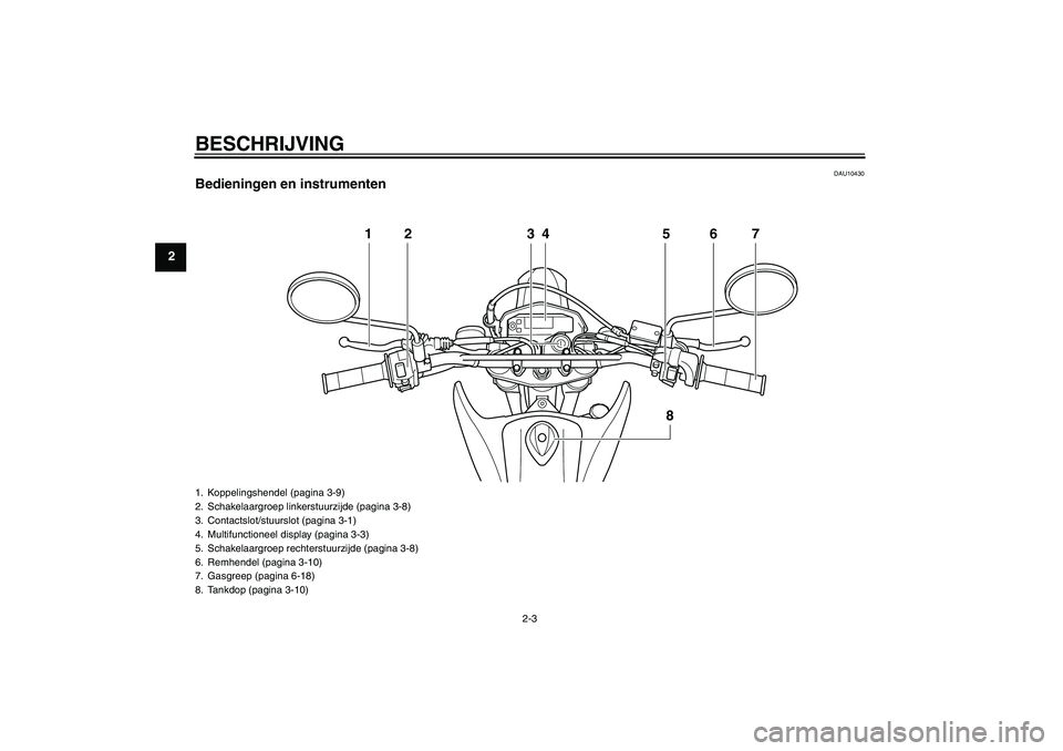 YAMAHA WR 250X 2010  Instructieboekje (in Dutch) BESCHRIJVING
2-3
2
DAU10430
Bedieningen en instrumenten
12 34 5 6
8
7
1. Koppelingshendel (pagina 3-9)
2. Schakelaargroep linkerstuurzijde (pagina 3-8)
3. Contactslot/stuurslot (pagina 3-1)
4. Multifu