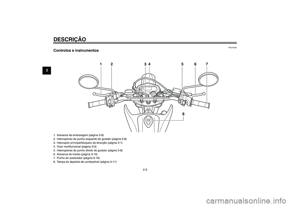YAMAHA WR 250X 2010  Manual de utilização (in Portuguese) DESCRIÇÃO
2-3
2
PAU10430
Controlos e instrumentos
12 34 5 6
8
7
1. Alavanca da embraiagem (página 3-9)
2. Interruptores do punho esquerdo do guiador (página 3-8)
3. Interruptor principal/bloqueio 