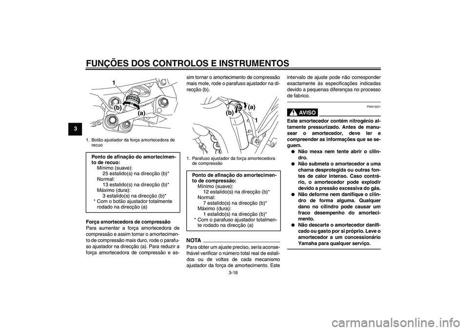 YAMAHA WR 250X 2010 Manual de utilização (in Portuguese) FUNÇÕES DOS CONTROLOS E INSTRUMENTOS
3-18
3
Força amortecedora de compressão
Para aumentar a força amortecedora de
compressão e assim tornar o amortecimen-
to de compressão mais duro, rode o pa YAMAHA WR 250X 2010 Manual de utilização (in Portuguese) FUNÇÕES DOS CONTROLOS E INSTRUMENTOS
3-18
3
Força amortecedora de compressão
Para aumentar a força amortecedora de
compressão e assim tornar o amortecimen-
to de compressão mais duro, rode o pa