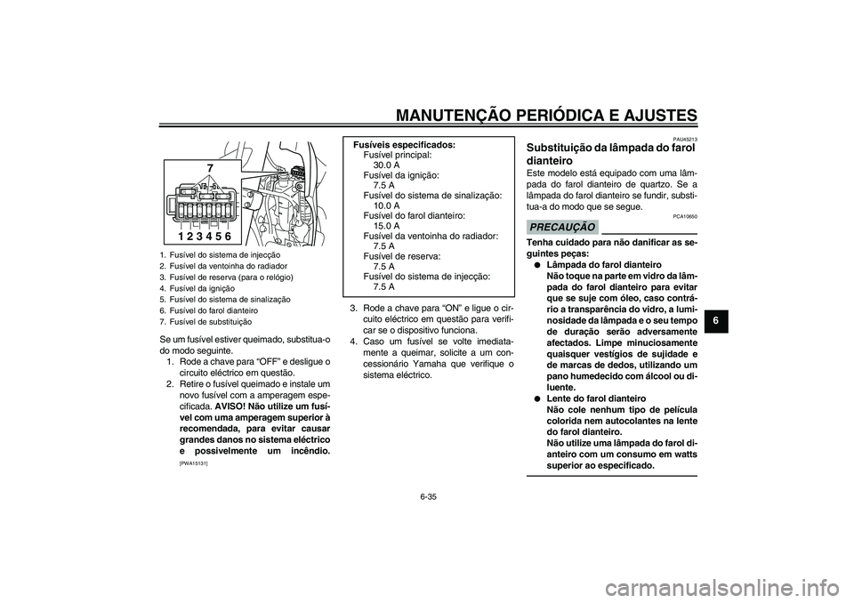 YAMAHA WR 250X 2010  Manual de utilização (in Portuguese) MANUTENÇÃO PERIÓDICA E AJUSTES
6-35
6
Se um fusível estiver queimado, substitua-o
do modo seguinte.
1. Rode a chave para “OFF” e desligue o
circuito eléctrico em questão.
2. Retire o fusíve