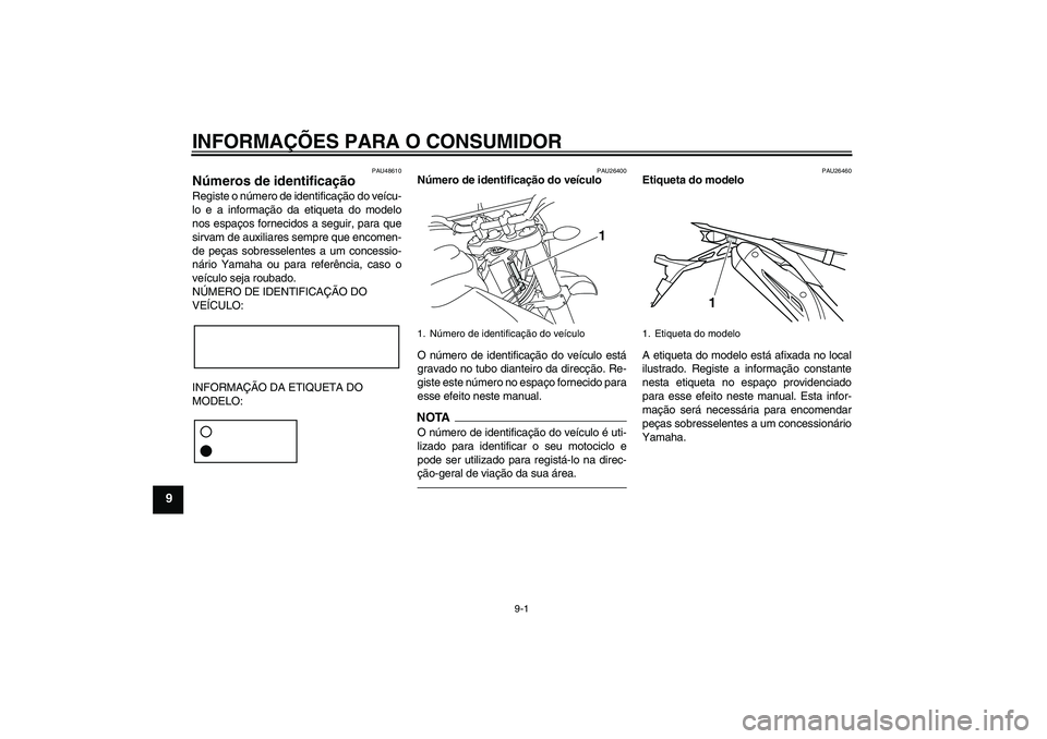 YAMAHA WR 250X 2010 Manual de utilização (in Portuguese) INFORMAÇÕES PARA O CONSUMIDOR
9-1
9
PAU48610
Números de identificação Registe o número de identificação do veícu-
lo e a informação da etiqueta do modelo
nos espaços fornecidos a seguir, p YAMAHA WR 250X 2010 Manual de utilização (in Portuguese) INFORMAÇÕES PARA O CONSUMIDOR
9-1
9
PAU48610
Números de identificação Registe o número de identificação do veícu-
lo e a informação da etiqueta do modelo
nos espaços fornecidos a seguir, p