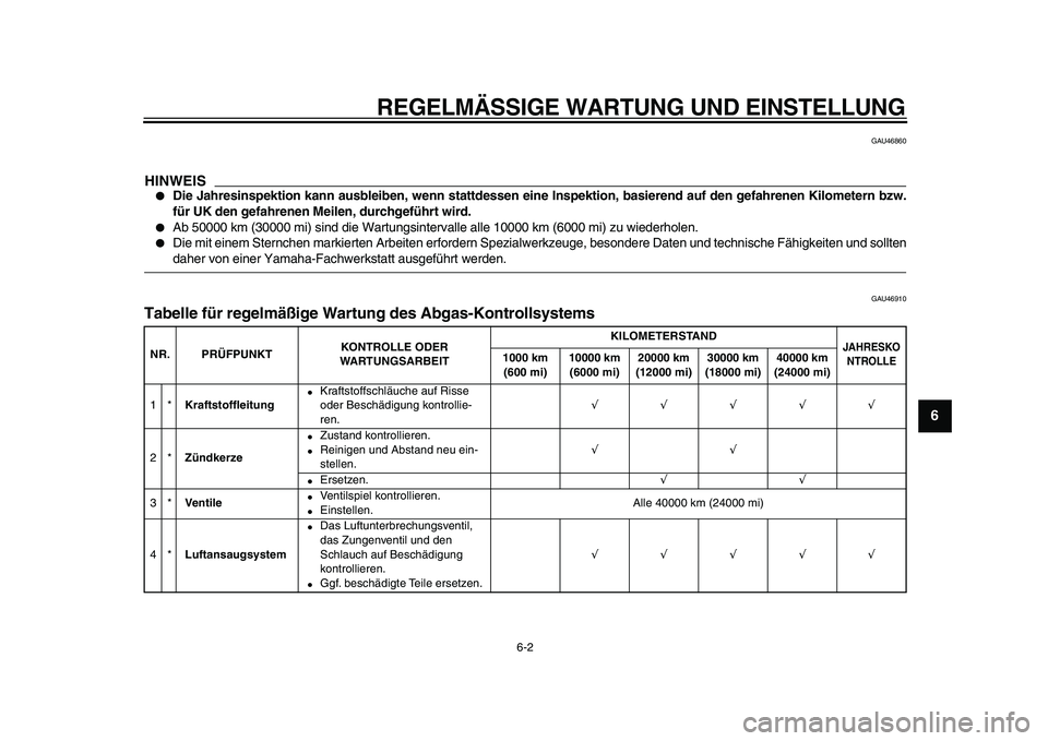 YAMAHA WR 250X 2009  Betriebsanleitungen (in German)  
REGELMÄSSIGE WARTUNG UND EINSTELLUNG 
6-2 
2
3
4
5
67
8
9
 
GAU46860
HINWEIS
 
 
Die Jahresinspektion kann ausbleiben, wenn stattdessen eine Inspektion, basierend auf den gefahrenen Kilometern bzw