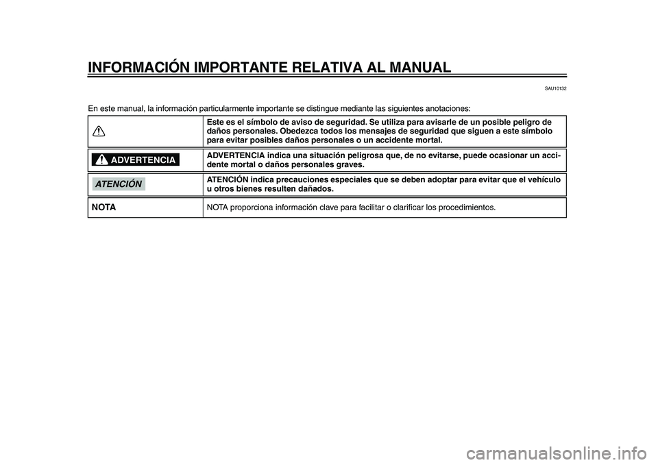 YAMAHA WR 250X 2009  Manuale de Empleo (in Spanish)  
INFORMACIÓN IMPORTANTE RELATIVA AL MANUAL 
SAU10132 
En este manual, la información particularmente importante se distingue mediante las siguientes anotaciones: 
Este es el símbolo de aviso de se