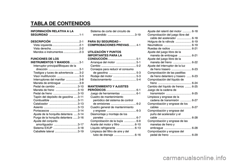 YAMAHA WR 250X 2009  Manuale de Empleo (in Spanish)  
TABLA DE CONTENIDOS 
INFORMACIÓN RELATIVA A LA 
SEGURIDAD 
 ......................................1-1 
DESCRIPCIÓN 
 ...................................2-1
Vista izquierda ........................