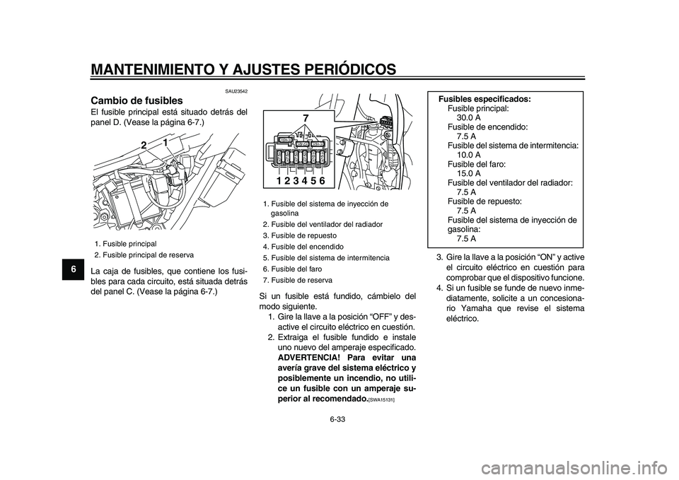 YAMAHA WR 250X 2009 Manuale de Empleo (in Spanish)
MANTENIMIENTO Y AJUSTES PERIÓDICOS
6-33
1
2
3
4
5
6
7
8
9
SAU23542
Cambio de fusibles
El fusible principal está situado detrás del
panel D. (Vease la página 6-7.)
La caja de fusibles, que YAMAHA WR 250X 2009 Manuale de Empleo (in Spanish)
MANTENIMIENTO Y AJUSTES PERIÓDICOS
6-33
1
2
3
4
5
6
7
8
9
SAU23542
Cambio de fusibles
El fusible principal está situado detrás del
panel D. (Vease la página 6-7.)
La caja de fusibles, que