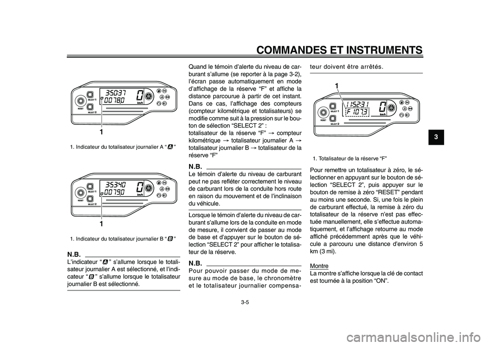 YAMAHA WR 250X 2009  Notices Demploi (in French)  
COMMANDES ET INSTRUMENTS 
3-5 
2
34
5
6
7
8
9
N.B.
 
L’indicateur “ ” s’allume lorsque le totali-
sateur journalier A est sélectionné, et l’indi-
cateur “ ” s’allume lorsque le tot