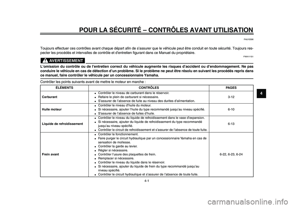 YAMAHA WR 250X 2009  Notices Demploi (in French)  
4-1 
2
3
45
6
7
8
9
 
POUR LA SÉCURITÉ – CONTRÔLES AVANT UTILISATION 
FAU15596 
Toujours effectuer ces contrôles avant chaque départ afin de s’assurer que le véhicule peut être conduit en