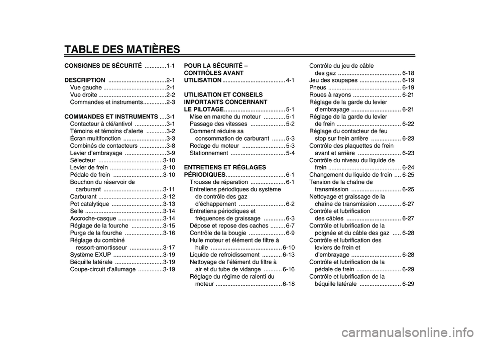 YAMAHA WR 250X 2009  Notices Demploi (in French)  
TABLE DES MATIÈRES 
CONSIGNES DE SÉCURITÉ 
 .............1-1 
DESCRIPTION 
 ...................................2-1
Vue gauche ......................................2-1
Vue droite ................