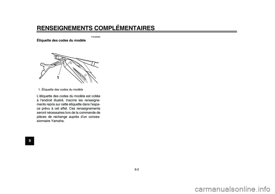 YAMAHA WR 250X 2009  Notices Demploi (in French)  
RENSEIGNEMENTS COMPLÉMENTAIRES 
9-2 
1
2
3
4
5
6
7
8
9
 
FAU26460 
Étiquette des codes du modèle  
L’étiquette des codes du modèle est collée
à l’endroit illustré. Inscrire les renseigne
