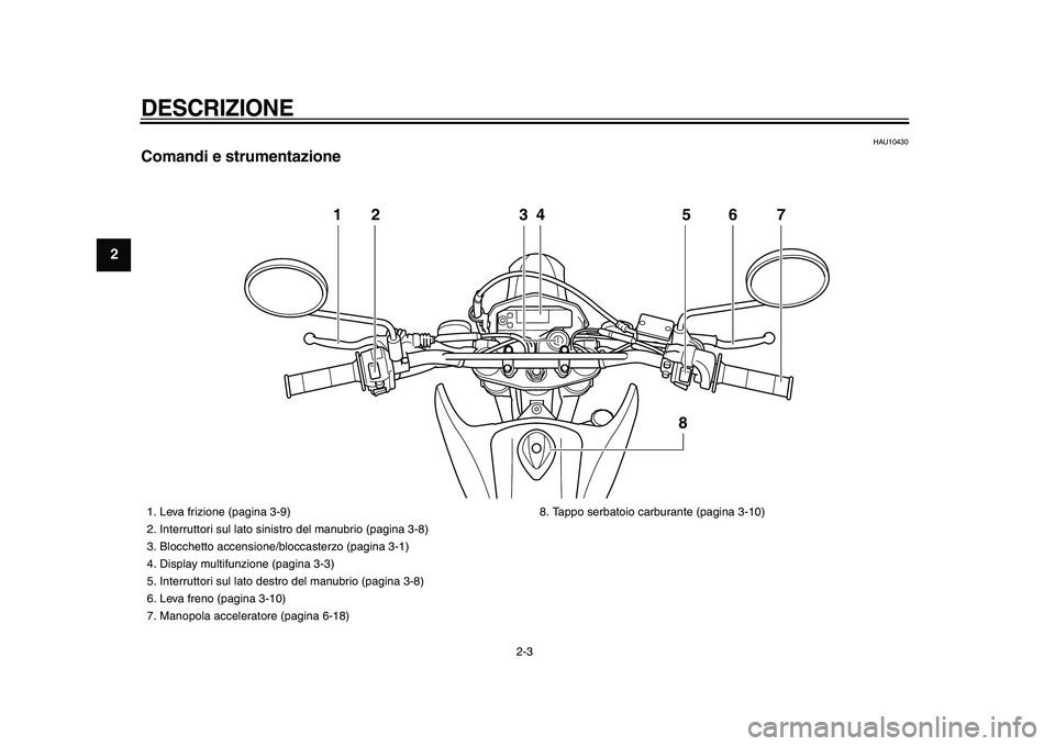 YAMAHA WR 250X 2009  Manuale duso (in Italian)  
DESCRIZIONE
 
2-3 
1
2
3
4
5
6
7
8
9
 
HAU10430 
Comandi e strumentazione
12 34 5 6
8
7
 
1.  Leva frizione (pagina 3-9)
2.  Interruttori sul lato sinistro del manubrio (pagina 3-8)
3.  Blocchetto a