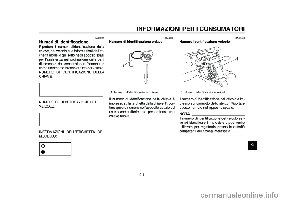 YAMAHA WR 250X 2009 Manuale duso (in Italian)
9-1
2
3
4
5
6
7
8
9
INFORMAZIONI PER I CONSUMATORI
HAU26351
Numeri di identificazione
Riportare i numeri d’identificazione della
chiave, del veicolo e le informazioni dell’eti-
chetta mo YAMAHA WR 250X 2009 Manuale duso (in Italian)
9-1
2
3
4
5
6
7
8
9
INFORMAZIONI PER I CONSUMATORI
HAU26351
Numeri di identificazione
Riportare i numeri d’identificazione della
chiave, del veicolo e le informazioni dell’eti-
chetta mo