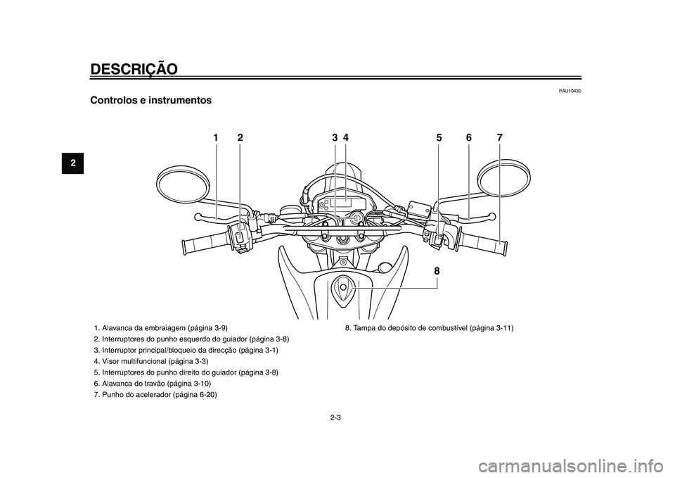 YAMAHA WR 250X 2009  Manual de utilização (in Portuguese)  
DESCRIÇÃO 
2-3 
1
2
3
4
5
6
7
8
9
 
PAU10430 
Controlos e instrumentos
12 34 5 6
8
7
 
1.  Alavanca da embraiagem (página 3-9)
2.  Interruptores do punho esquerdo do guiador (página 3-8)
3.  Int