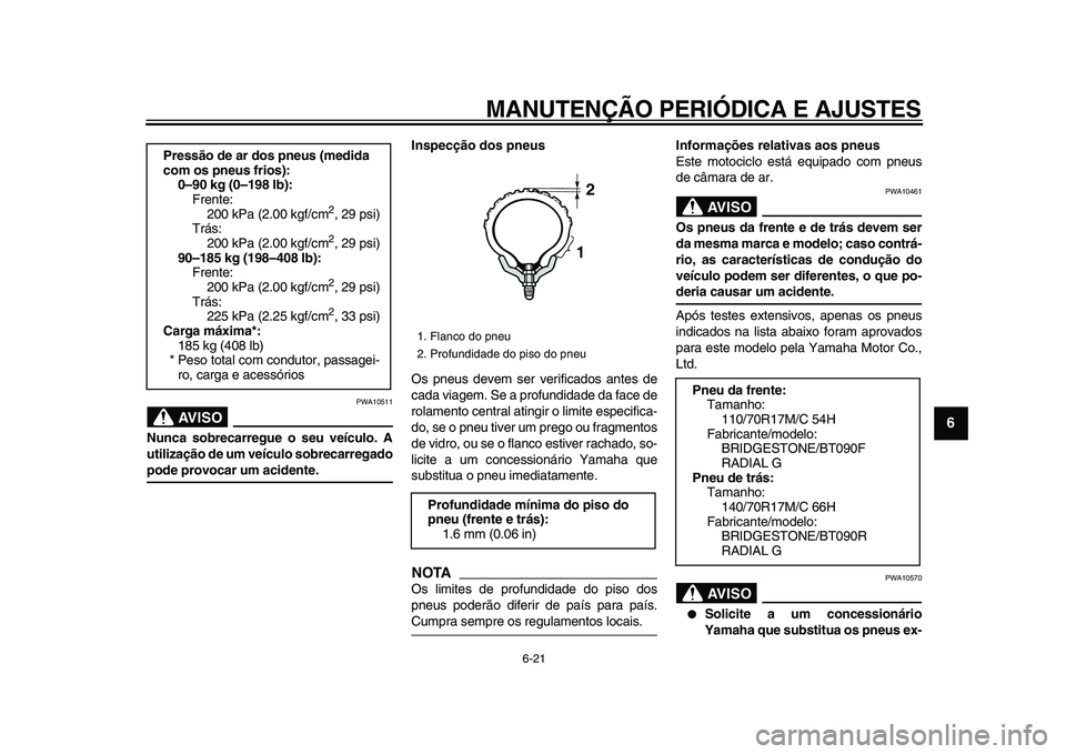 YAMAHA WR 250X 2009  Manual de utilização (in Portuguese)  
MANUTENÇÃO PERIÓDICA E AJUSTES 
6-21 
2
3
4
5
67
8
9
AVISO
 
PWA10511 
Nunca sobrecarregue o seu veículo. A
utilização de um veículo sobrecarregado 
pode provocar um acidente.Inspecção dos 