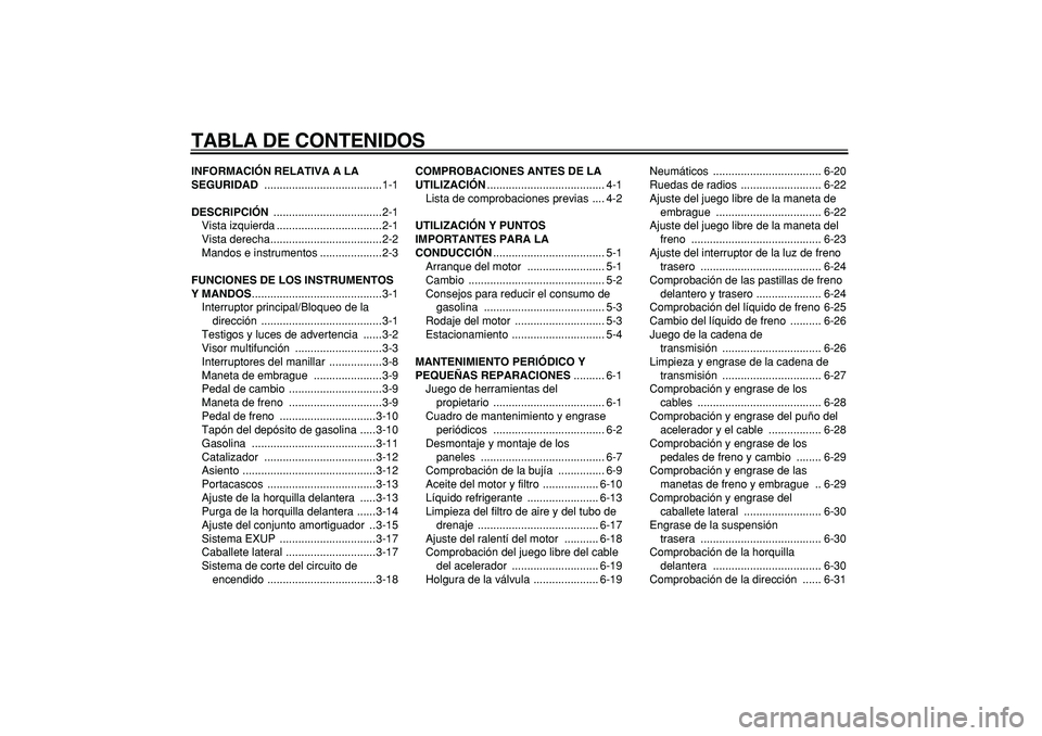 YAMAHA WR 250X 2008  Manuale de Empleo (in Spanish)  
TABLA DE CONTENIDOS 
INFORMACIÓN RELATIVA A LA 
SEGURIDAD 
 ......................................1-1 
DESCRIPCIÓN 
 ...................................2-1
Vista izquierda ........................