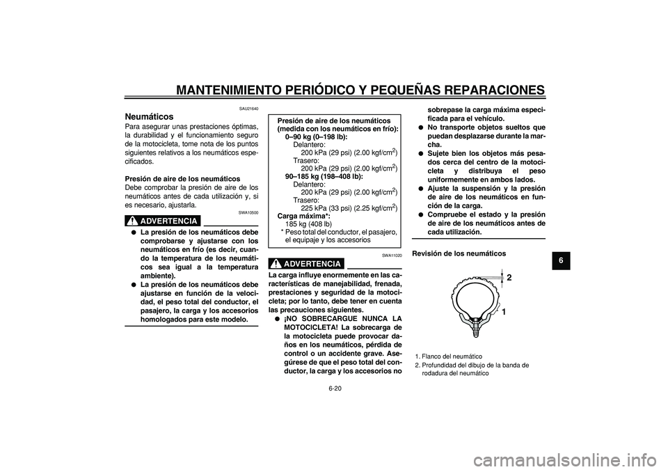 YAMAHA WR 250X 2008  Manuale de Empleo (in Spanish)  
MANTENIMIENTO PERIÓDICO Y PEQUEÑAS REPARACIONES 
6-20 
2
3
4
5
67
8
9
 
SAU21640 
Neumáticos  
Para asegurar unas prestaciones óptimas,
la durabilidad y el funcionamiento seguro
de la motociclet