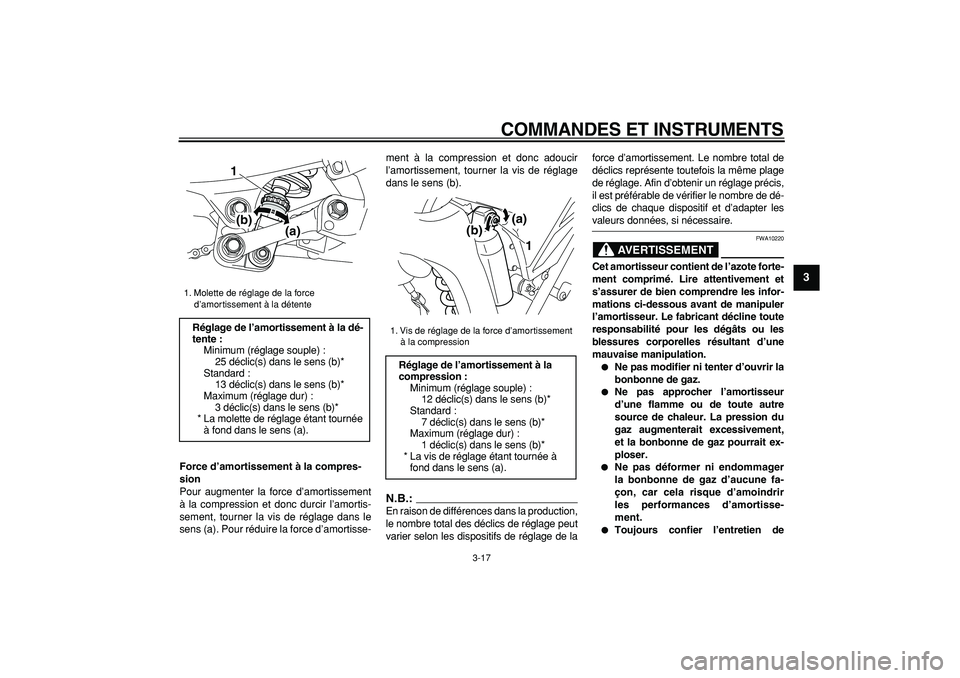 YAMAHA WR 250X 2008  Notices Demploi (in French)  
COMMANDES ET INSTRUMENTS 
3-17 
2
34
5
6
7
8
9
 
Force d’amortissement à la compres-
sion 
Pour augmenter la force d’amortissement
à la compression et donc durcir l’amortis-
sement, tourner 