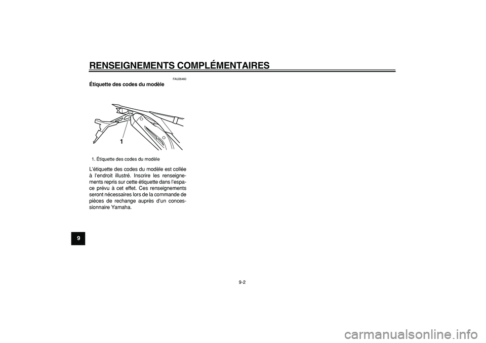 YAMAHA WR 250X 2008 Notices Demploi (in French)
RENSEIGNEMENTS COMPLÉMENTAIRES
9-2
1
2
3
4
5
6
7
8
9
FAU26460
Étiquette des codes du modèle
L’étiquette des codes du modèle est collée
à l’endroit illustré. Inscrire les renseigne YAMAHA WR 250X 2008 Notices Demploi (in French)
RENSEIGNEMENTS COMPLÉMENTAIRES
9-2
1
2
3
4
5
6
7
8
9
FAU26460
Étiquette des codes du modèle
L’étiquette des codes du modèle est collée
à l’endroit illustré. Inscrire les renseigne