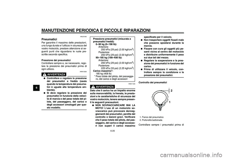 YAMAHA WR 250X 2008 Manuale duso (in Italian)
MANUTENZIONE PERIODICA E PICCOLE RIPARAZIONI
6-20
1
2
3
4
5
6
7
8
9
HAU21640
Pneumatici
Per garantire il massimo delle prestazioni,
una lunga durata e l’utilizzo in sicurezza del
vostro mo YAMAHA WR 250X 2008 Manuale duso (in Italian)
MANUTENZIONE PERIODICA E PICCOLE RIPARAZIONI
6-20
1
2
3
4
5
6
7
8
9
HAU21640
Pneumatici
Per garantire il massimo delle prestazioni,
una lunga durata e l’utilizzo in sicurezza del
vostro mo