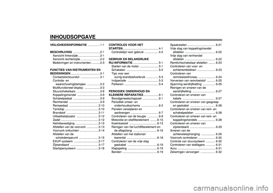 YAMAHA WR 250X 2008  Instructieboekje (in Dutch)  
INHOUDSOPGAVE 
VEILIGHEIDSINFORMATIE 
 ...............1-1 
BESCHRIJVING 
 .................................2-1
Aanzicht linkerzijde ...........................2-1
Aanzicht rechterzijde .............