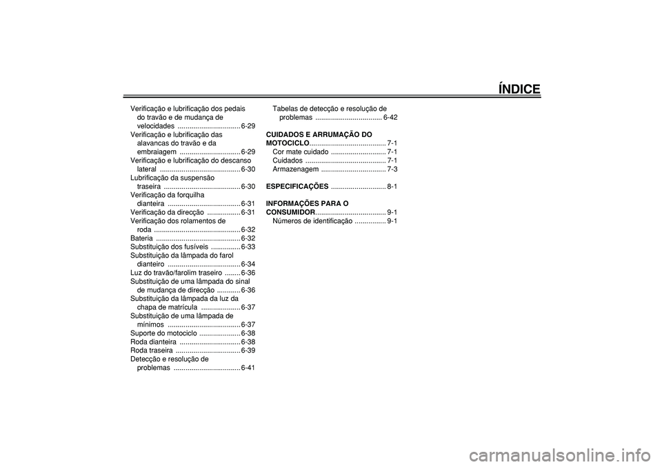 YAMAHA WR 250X 2008  Manual de utilização (in Portuguese)  
ÍNDICE 
Verificação e lubrificação dos pedais 
do travão e de mudança de 
velocidades ................................ 6-29
Verificação e lubrificação das 
alavancas do travão e da 
embr