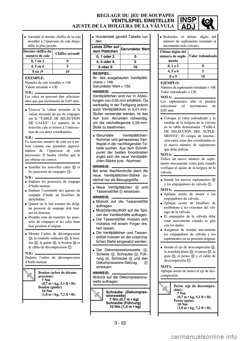 YAMAHA WR 400F 2002  Owners Manual INSP
ADJ
REGLAGE DU JEU DE SOUPAPES
VENTILSPIEL EINSTELLEN
AJUSTE DE LA HOLGURA DE LA VÁLVULA
Hundertstel gemäß Tabelle run-
den.
Letzte Ziffer auf 
dem PlättchenGerundeter Wert
0, 1 oder 2 0
4, 