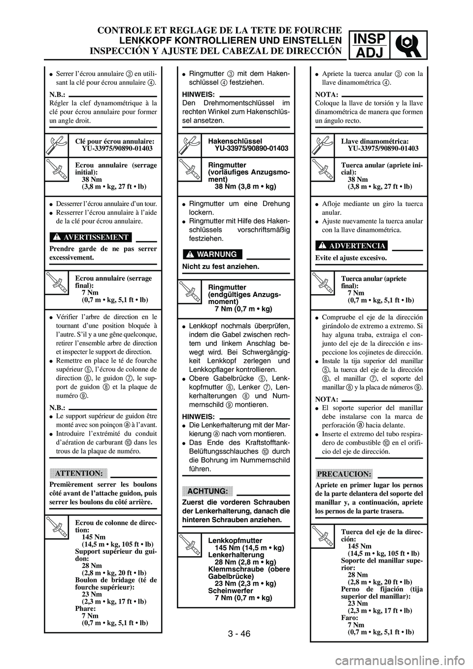 YAMAHA WR 400F 2002  Owners Manual INSP
ADJ
 
CONTROLE ET REGLAGE DE LA TETE DE FOURCHE  
LENKKOPF KONTROLLIEREN UND EINSTELLEN  
INSPECCIÓN Y AJUSTE DEL CABEZAL DE DIRECCIÓN 
 
Ringmutter   
3  
 mit dem Haken-
schlüssel   
4  
 f