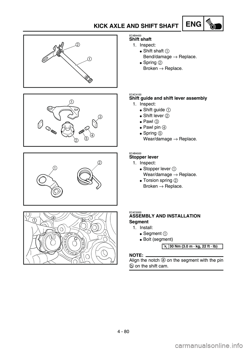 YAMAHA WR 400F 2002  Owners Manual 4 - 80
ENGKICK AXLE AND SHIFT SHAFT
EC4B4400
Shift shaft
1. Inspect:
Shift shaft 1 
Bend/damage → Replace.
Spring 2 
Broken → Replace.
EC4C4100
Shift guide and shift lever assembly
1. Inspect:

