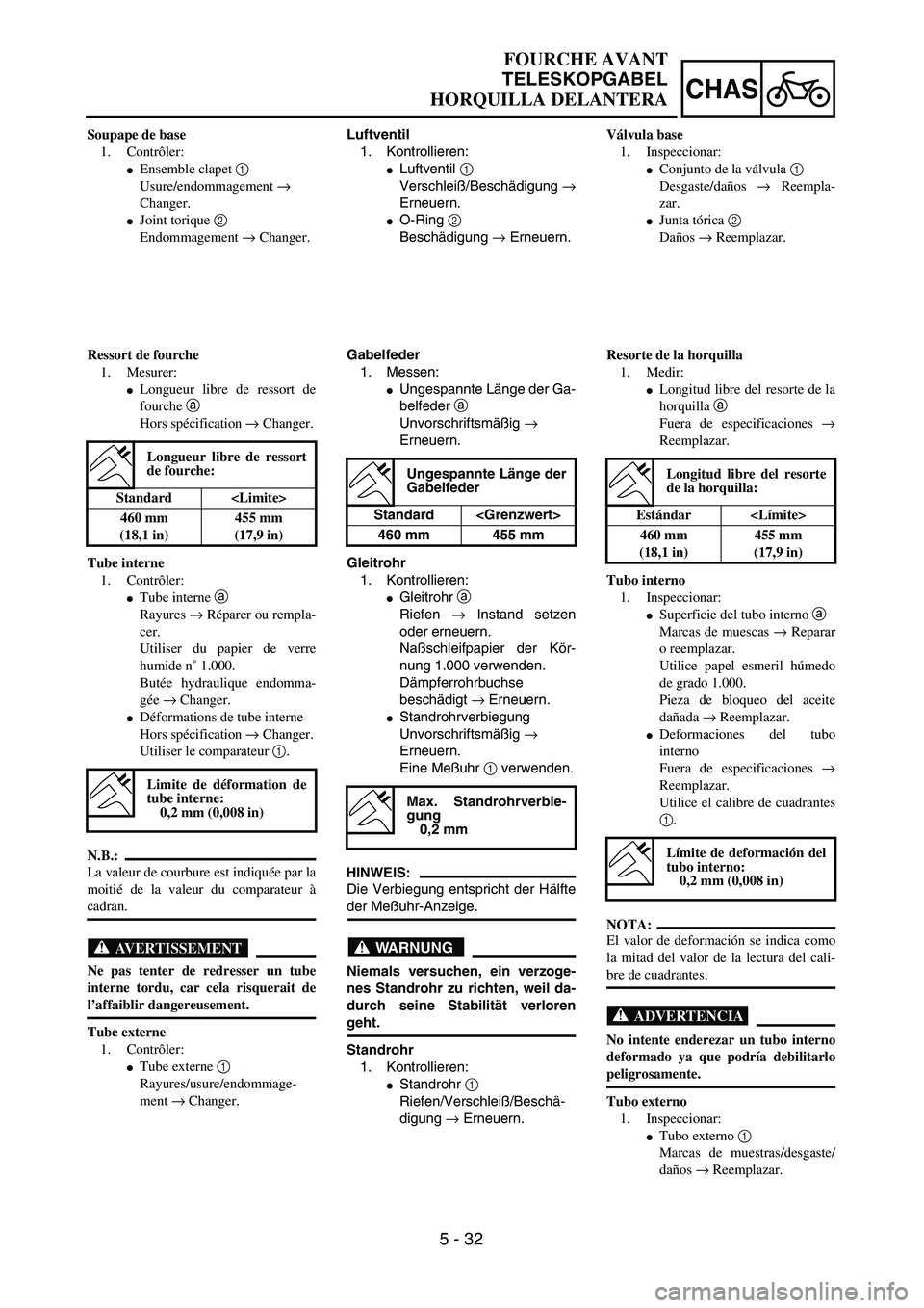 YAMAHA WR 400F 2002  Owners Manual 5 - 32
CHAS
Luftventil
1. Kontrollieren:
Luftventil 1 
Verschleiß/Beschädigung →
Erneuern.
O-Ring 2 
Beschädigung → Erneuern.
Gabelfeder
1. Messen:
Ungespannte Länge der Ga-
belfeder a 
Unv