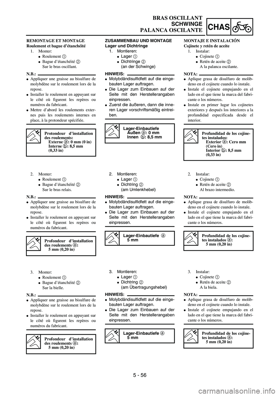 YAMAHA WR 400F 2002  Owners Manual 5 - 56
CHAS
BRAS OSCILLANT
SCHWINGE
PALANCA OSCILANTE
ZUSAMMENBAU UND MONTAGE
Lager und Dichtringe
1. Montieren:
Lager 1 
Dichtringe 2 
(an der Schwinge)
HINWEIS:
Molybdändisulfidfett auf die eing