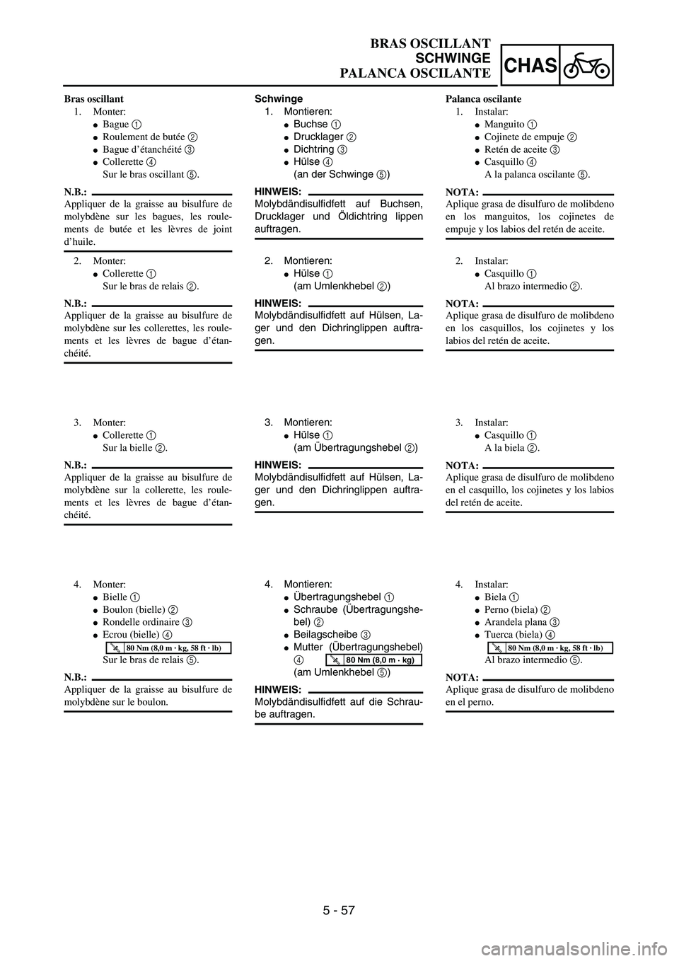 YAMAHA WR 400F 2002  Owners Manual 5 - 57
CHAS
BRAS OSCILLANT
SCHWINGE
PALANCA OSCILANTE
Schwinge
1. Montieren:
Buchse 1 
Drucklager 2 
Dichtring 3 
Hülse 4 
(an der Schwinge 5)
HINWEIS:
Molybdändisulfidfett auf Buchsen,
Drucklag