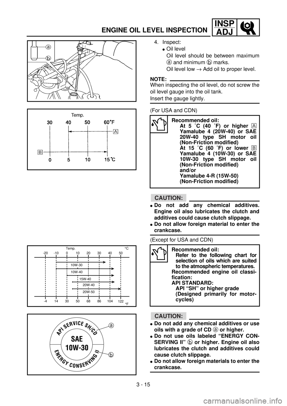YAMAHA WR 400F 2001 Owners Manual 3 - 15
INSP
ADJ
4. Inspect:
lOil level
Oil level should be between maximum
a and minimum b marks.
Oil level low ® Add oil to proper level.
NOTE:
When inspecting the oil level, do not screw the
oil le YAMAHA WR 400F 2001 Owners Manual 3 - 15
INSP
ADJ
4. Inspect:
lOil level
Oil level should be between maximum
a and minimum b marks.
Oil level low ® Add oil to proper level.
NOTE:
When inspecting the oil level, do not screw the
oil le