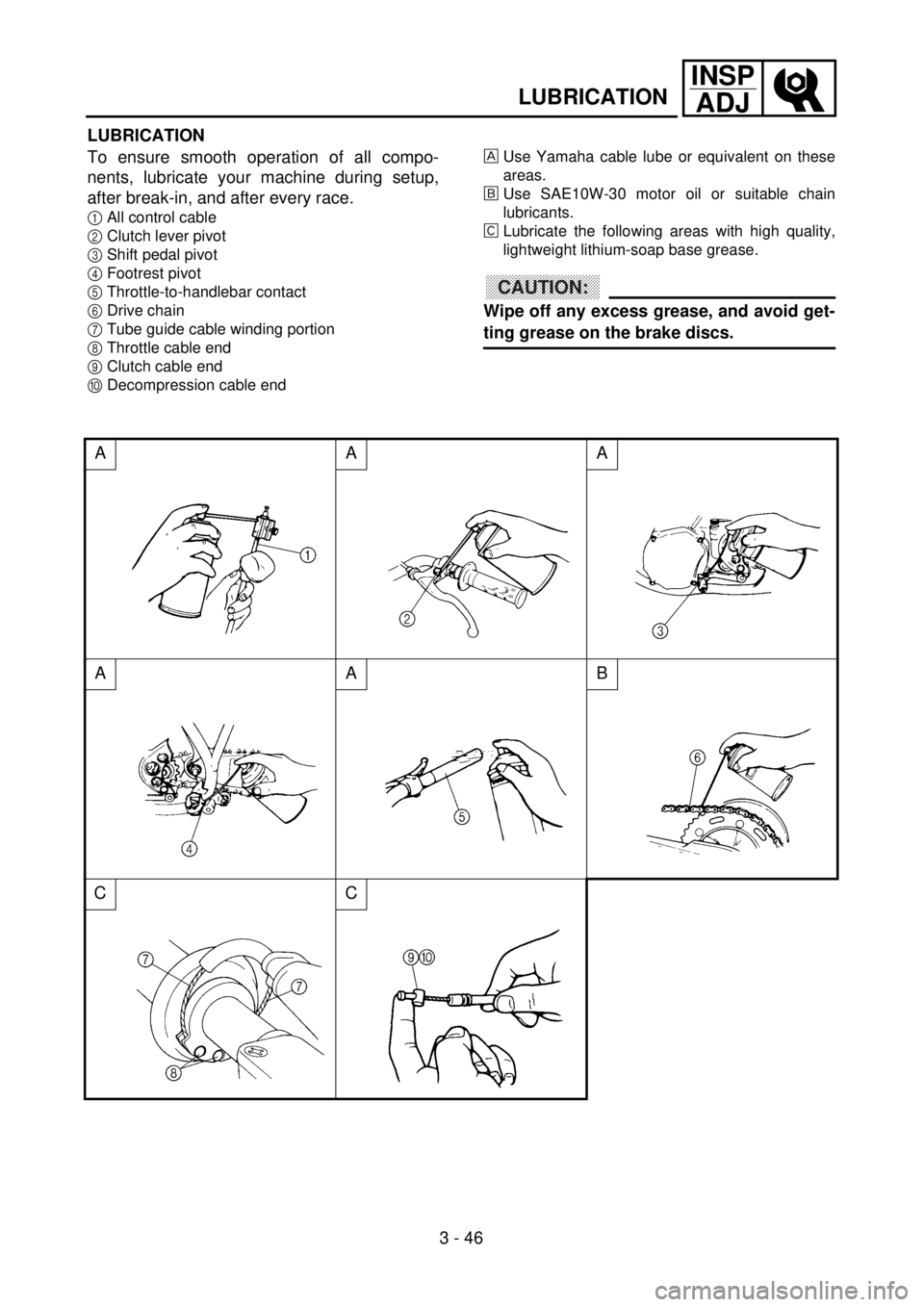 YAMAHA WR 400F 2001 User Guide 3 - 46
INSP
ADJ
LUBRICATION
LUBRICATION
To ensure smooth operation of all compo-
nents, lubricate your machine during setup,
after break-in, and after every race.
1All control cable
2Clutch lever pivo YAMAHA WR 400F 2001 User Guide 3 - 46
INSP
ADJ
LUBRICATION
LUBRICATION
To ensure smooth operation of all compo-
nents, lubricate your machine during setup,
after break-in, and after every race.
1All control cable
2Clutch lever pivo